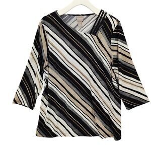 Chicos Womens Modern Office Knit Top 2 L Black Tan Striped Asymmetrical Cutout
